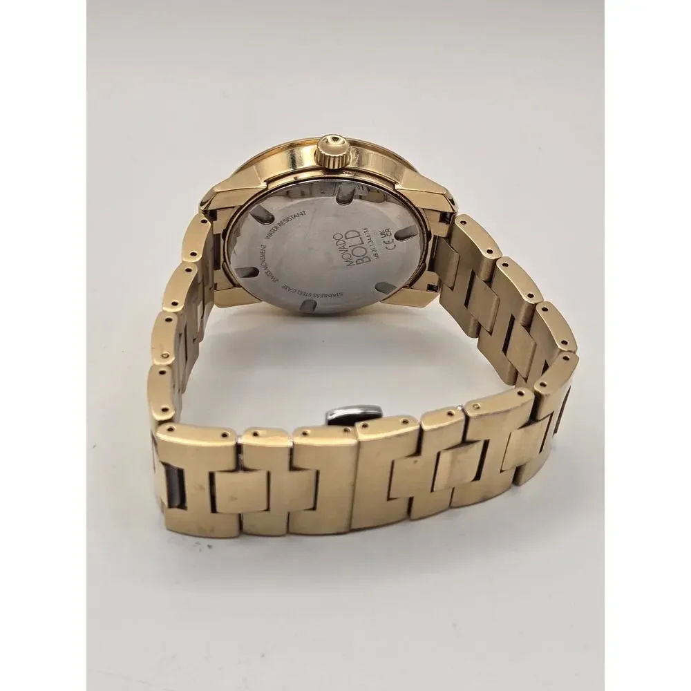 Movado Bold Gold Watch 42.5mm Stainless Steel Link Bracelet Box Papers Classic
